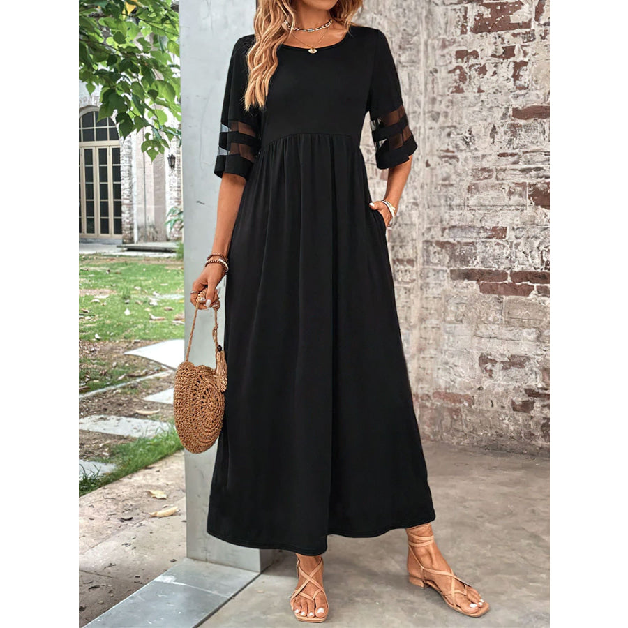 Plus Size Mesh Sleeve Round Neck Dress with Pockets Black / 0XL Apparel and Accessories