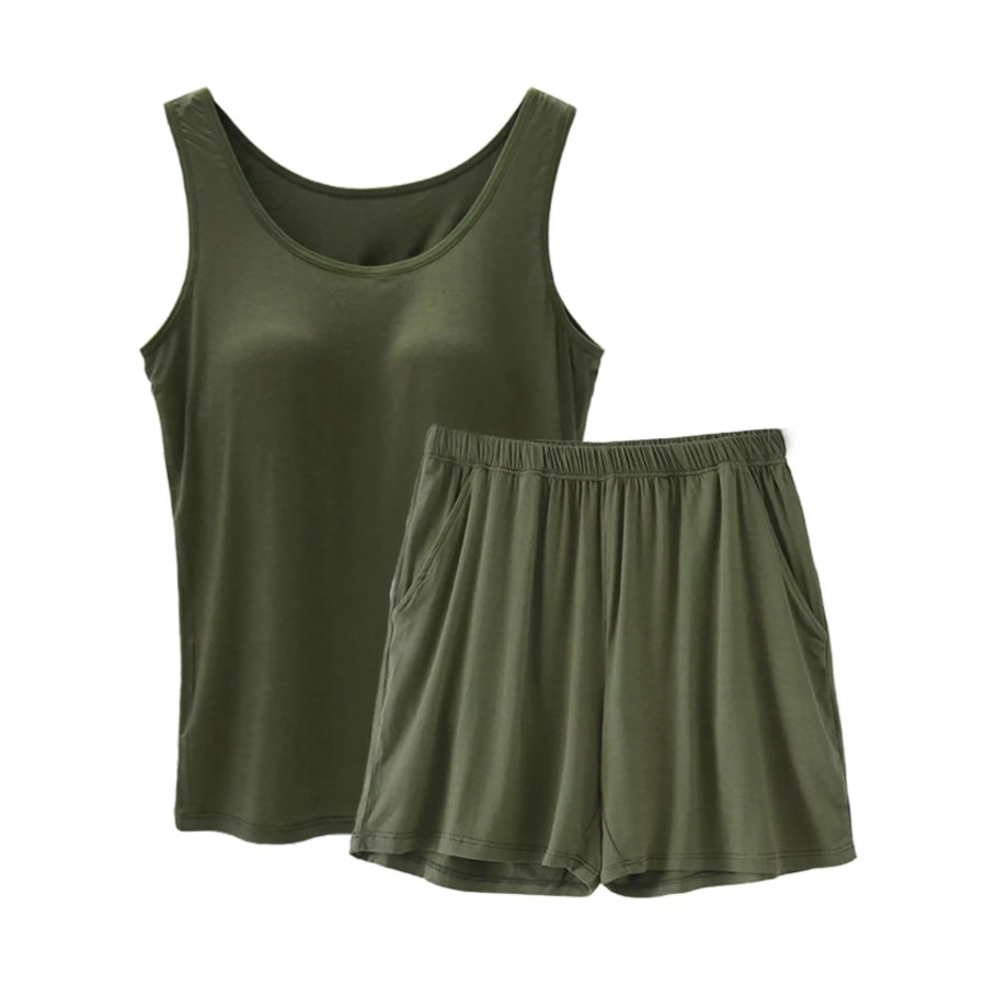 Plus Size Modal Padded Sleeveless Tank Top & Shorts Set Army Green / M Apparel and Accessories