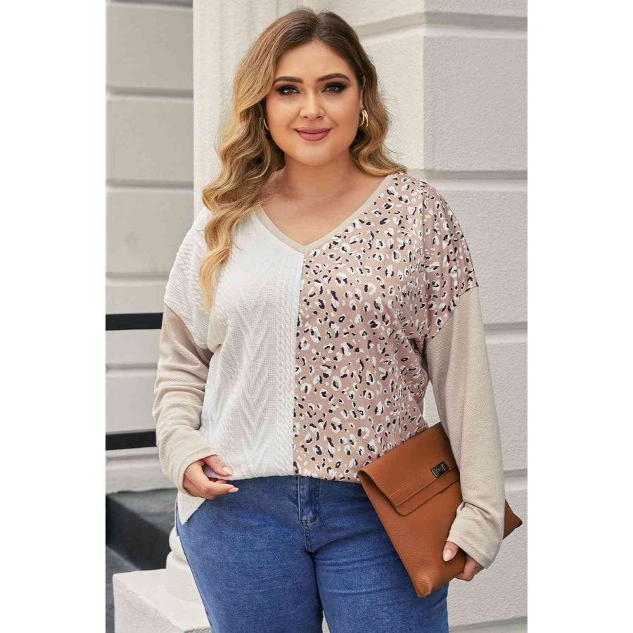 Plus Size Multicolor V-Neck Dropped Shoulder Sweater Khaki / 1XL