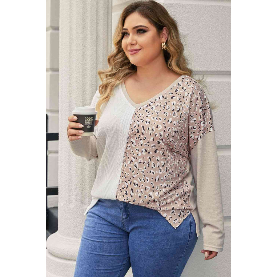 Plus Size Multicolor V-Neck Dropped Shoulder Sweater Khaki / 1XL