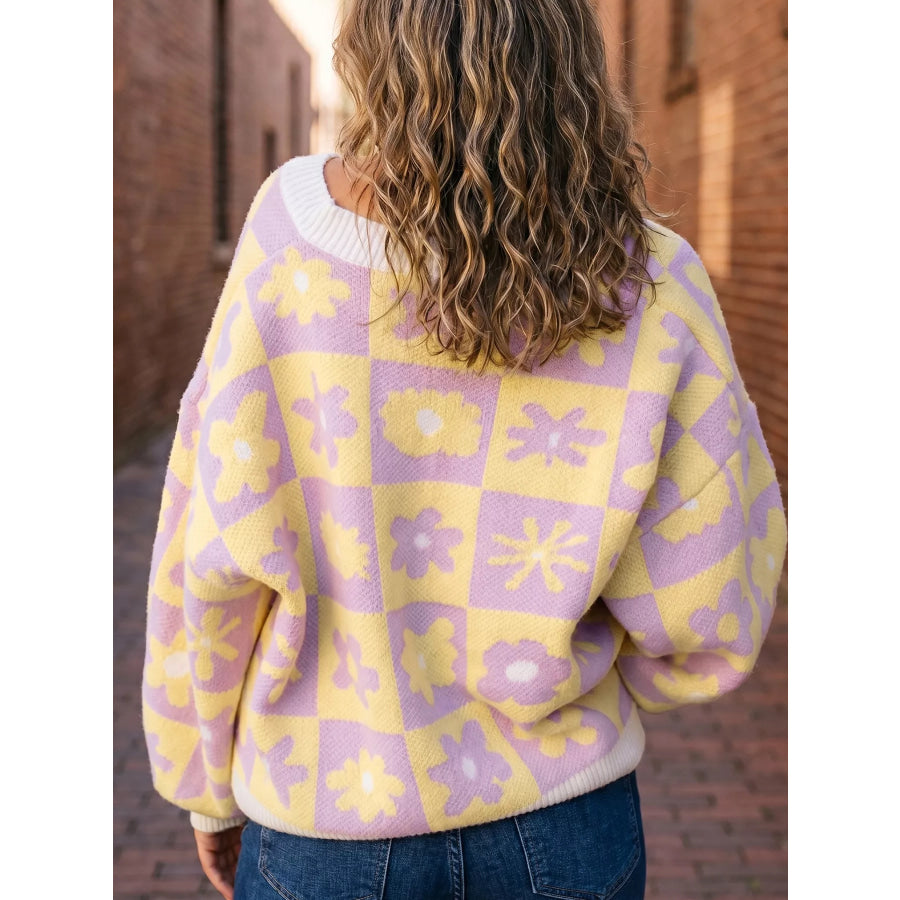 Plus Size Multicolour V Neck Plaid Floral Long Sleeve Sweater Pink Purple / 1X Apparel and Accessories