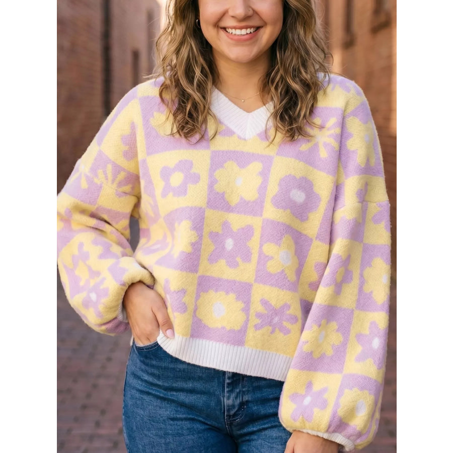 Plus Size Multicolour V Neck Plaid Floral Long Sleeve Sweater Pink Purple / 1X Apparel and Accessories