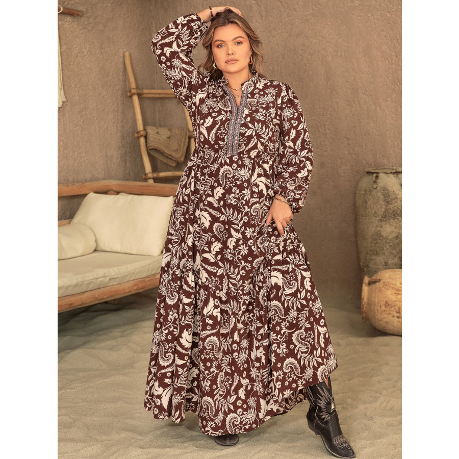 Plus Size Notched Balloon Sleeve Printed Maxi Dress Apparel and Accessories