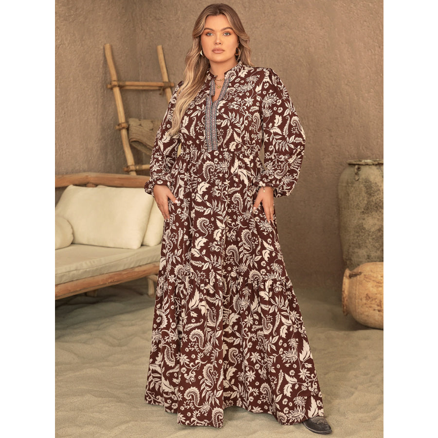 Plus Size Notched Balloon Sleeve Printed Maxi Dress Chocolate / 0XL Apparel and Accessories