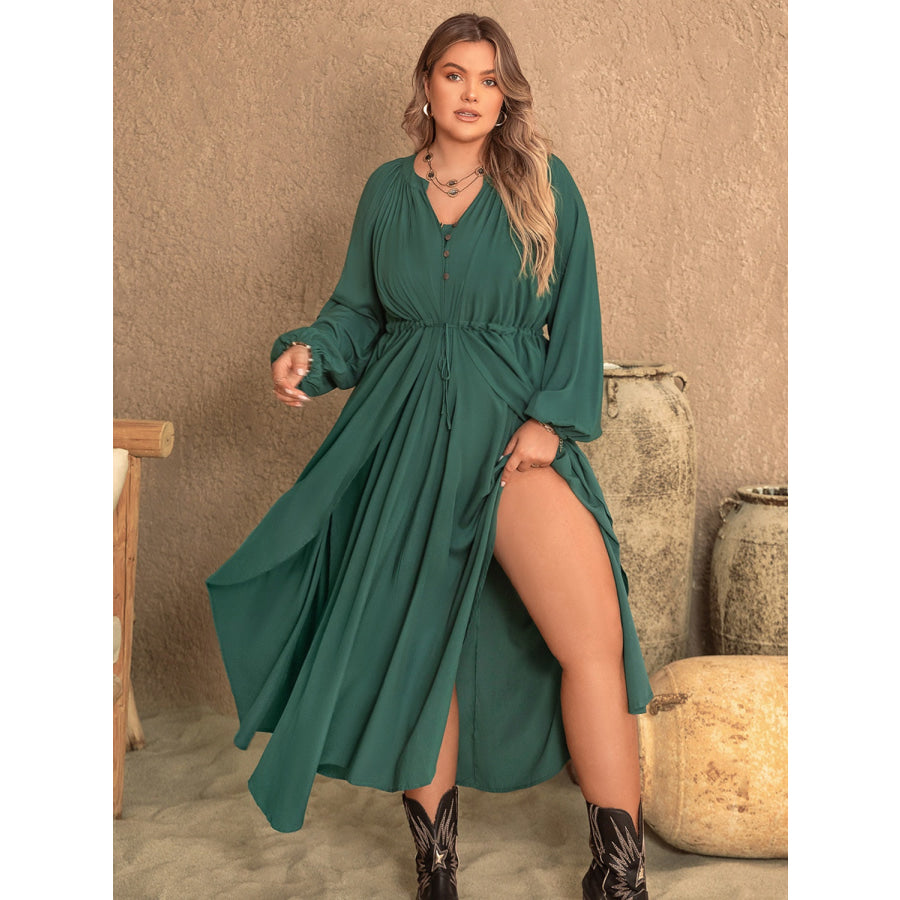 Plus Size Notched Layered Balloon Sleeve Midi Dress Apparel and Accessories