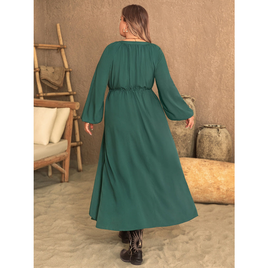 Plus Size Notched Layered Balloon Sleeve Midi Dress Apparel and Accessories