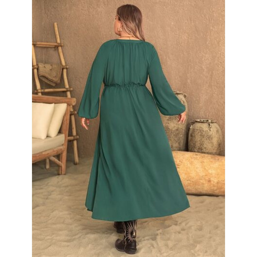 Plus Size Notched Layered Balloon Sleeve Midi Dress Clothing