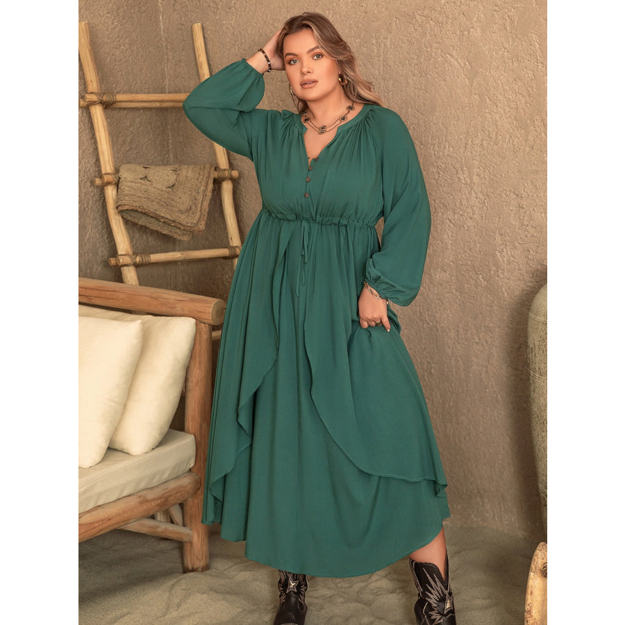 Plus Size Notched Layered Balloon Sleeve Midi Dress Dark Green / 0XL Apparel and Accessories