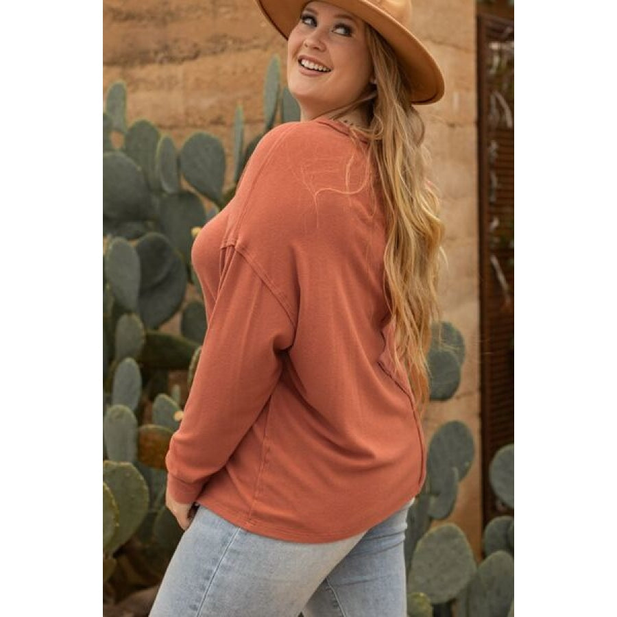 Plus Size Notched Long Sleeve T-Shirt Clothing