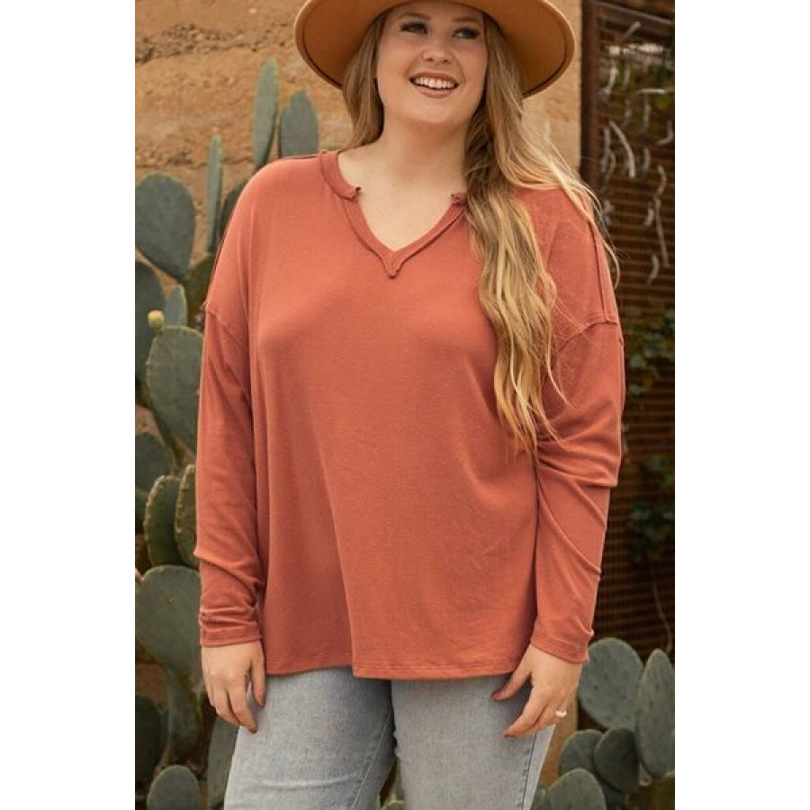 Plus Size Notched Long Sleeve T-Shirt Ochre / 1XL Clothing