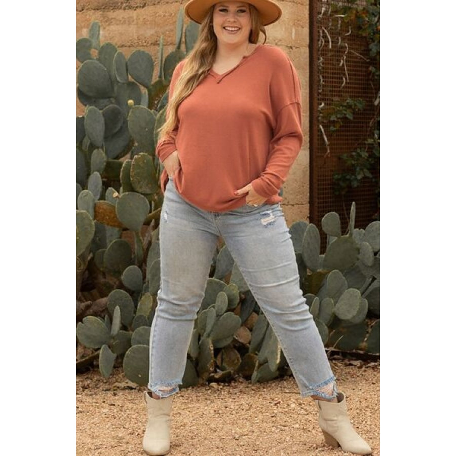 Plus Size Notched Long Sleeve T-Shirt Clothing