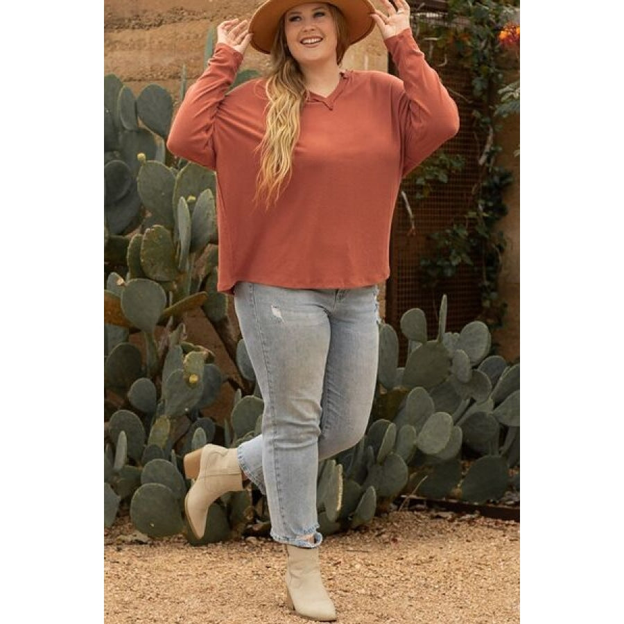 Plus Size Notched Long Sleeve T-Shirt Clothing