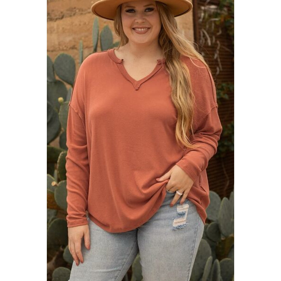 Plus Size Notched Long Sleeve T-Shirt Ochre / 1XL Clothing