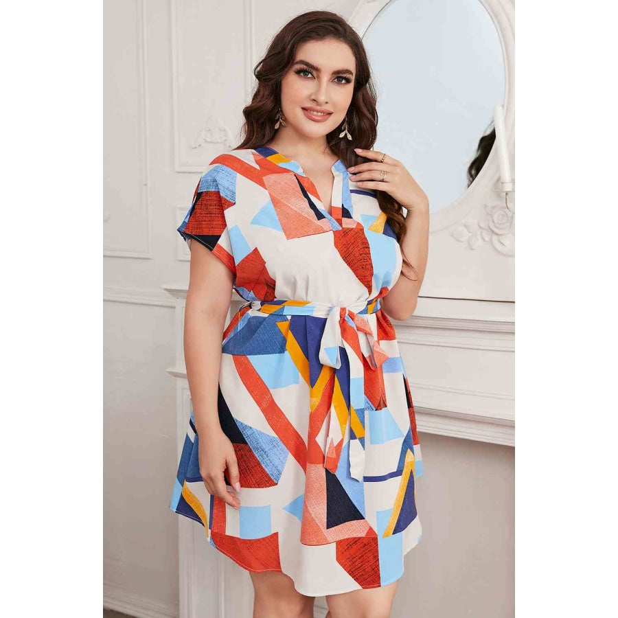 Plus Size Notched Neck Tie Waist Dress