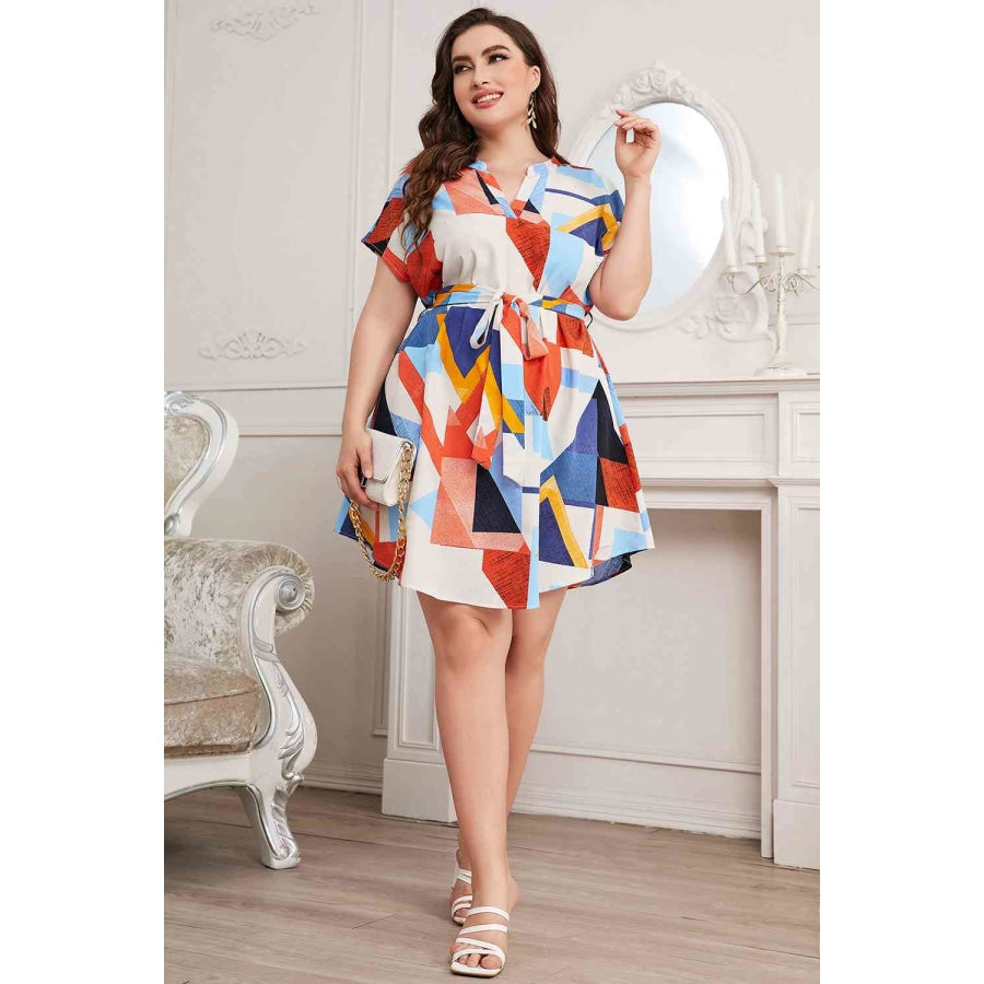 Plus Size Notched Neck Tie Waist Dress