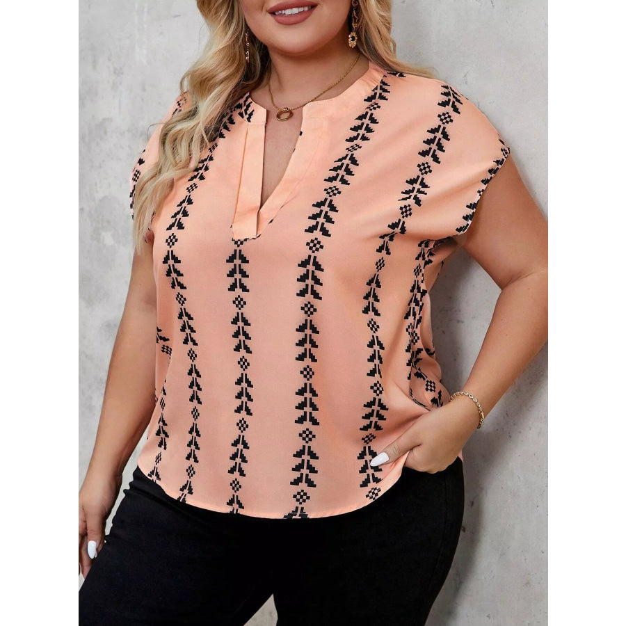 Plus Size Notched Short Sleeve Blouse Apparel and Accessories