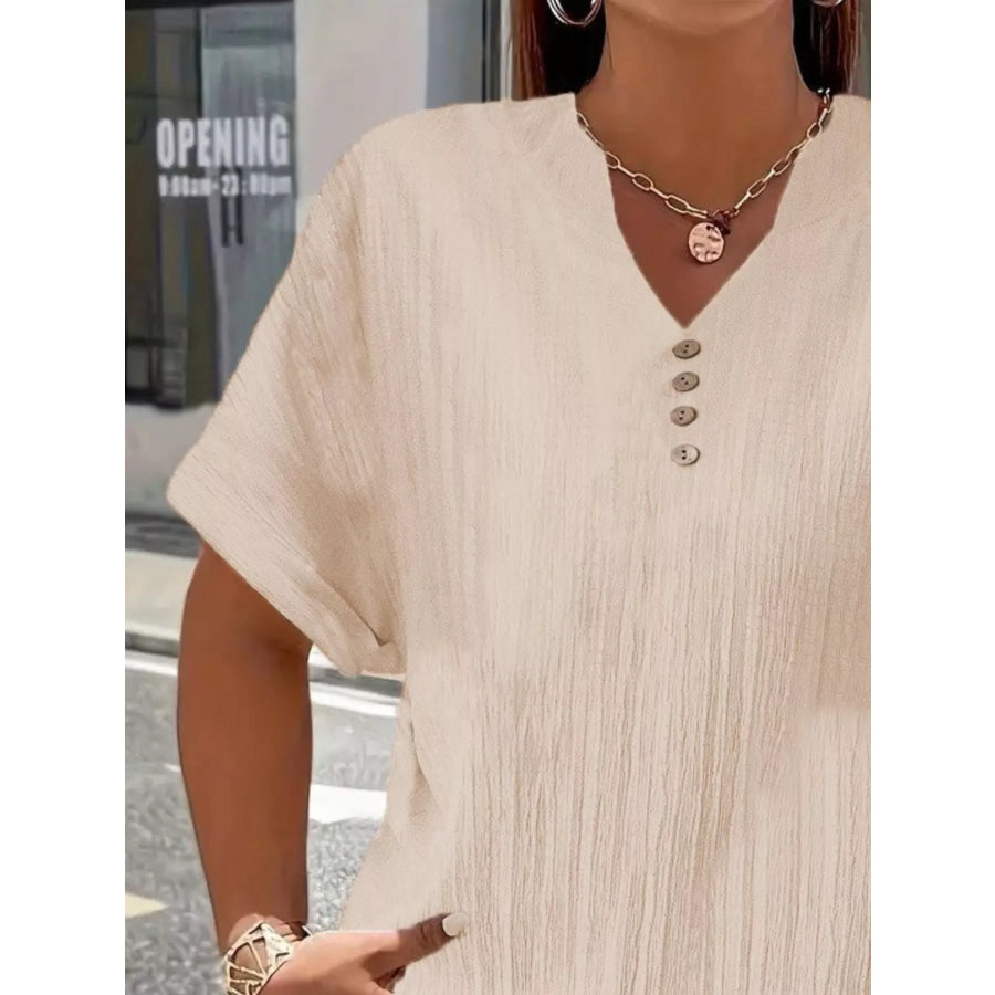 Plus Size Notched Short Sleeve Textured Top Apparel and Accessories