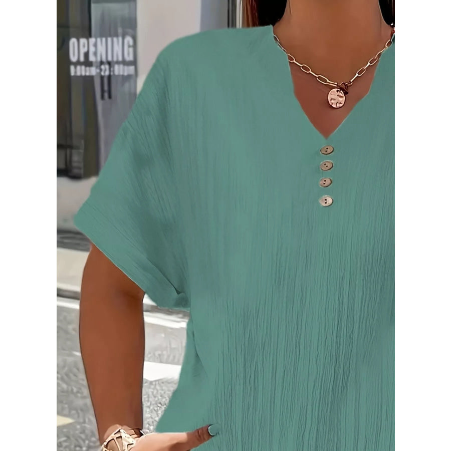 Plus Size Notched Short Sleeve Textured Top Apparel and Accessories