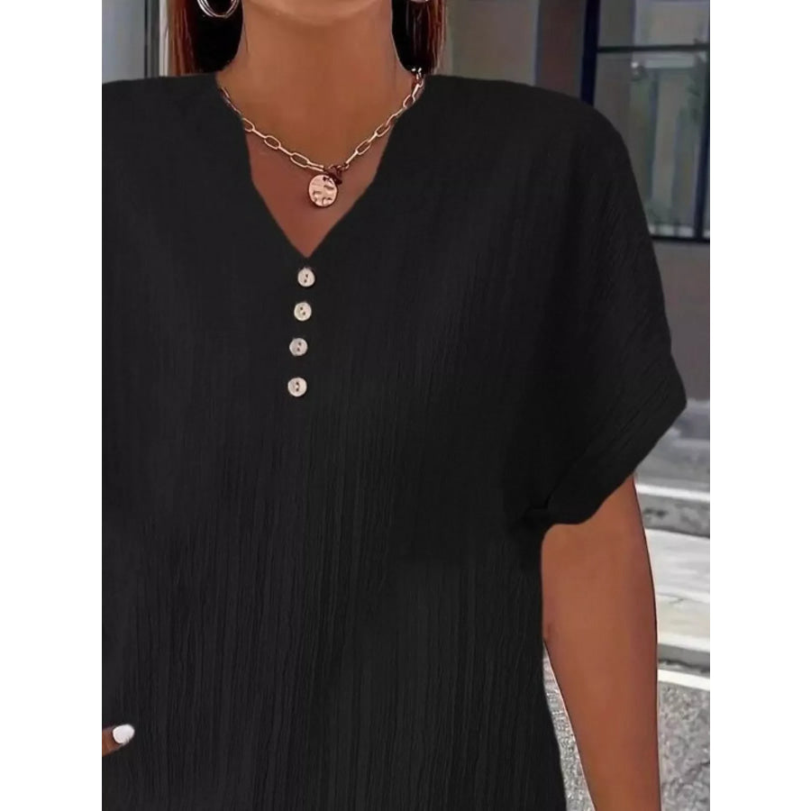 Plus Size Notched Short Sleeve Textured Top Apparel and Accessories