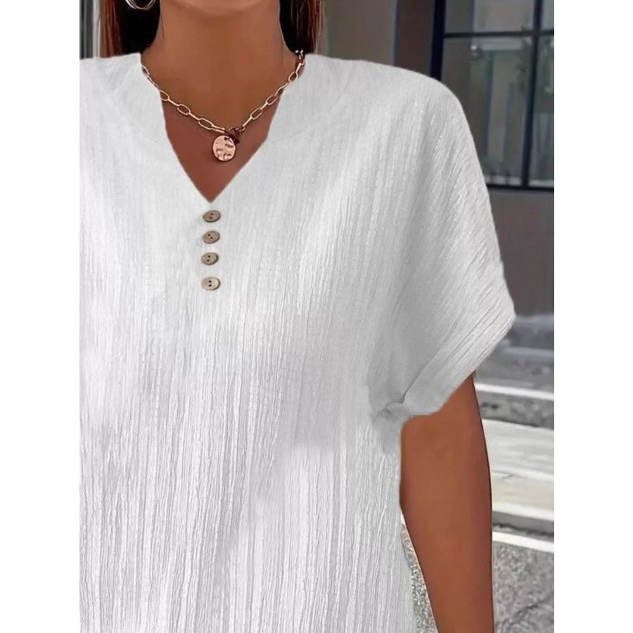 Plus Size Notched Short Sleeve Textured Top Apparel and Accessories