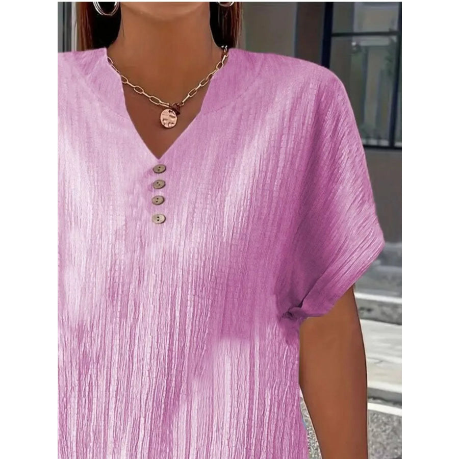 Plus Size Notched Short Sleeve Textured Top Apparel and Accessories