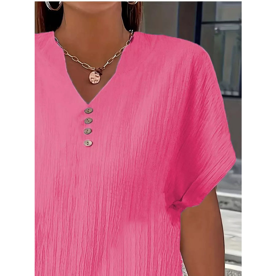 Plus Size Notched Short Sleeve Textured Top Apparel and Accessories