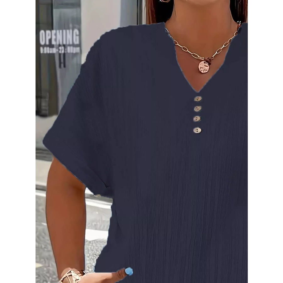 Plus Size Notched Short Sleeve Textured Top Apparel and Accessories