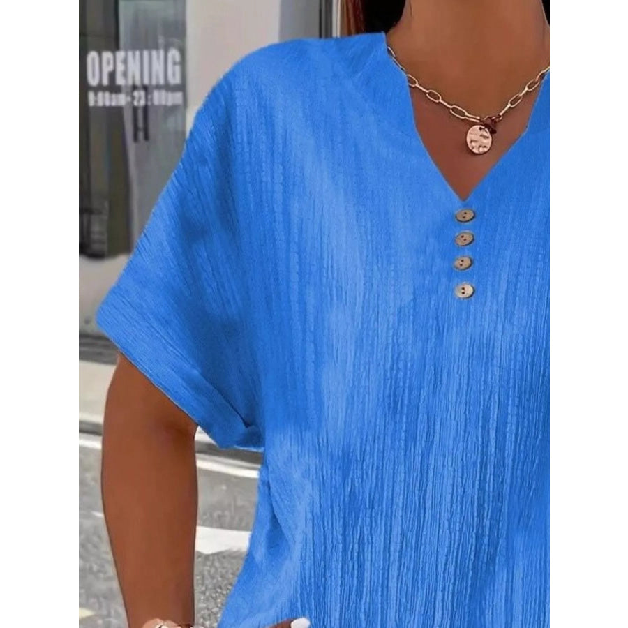 Plus Size Notched Short Sleeve Textured Top Apparel and Accessories