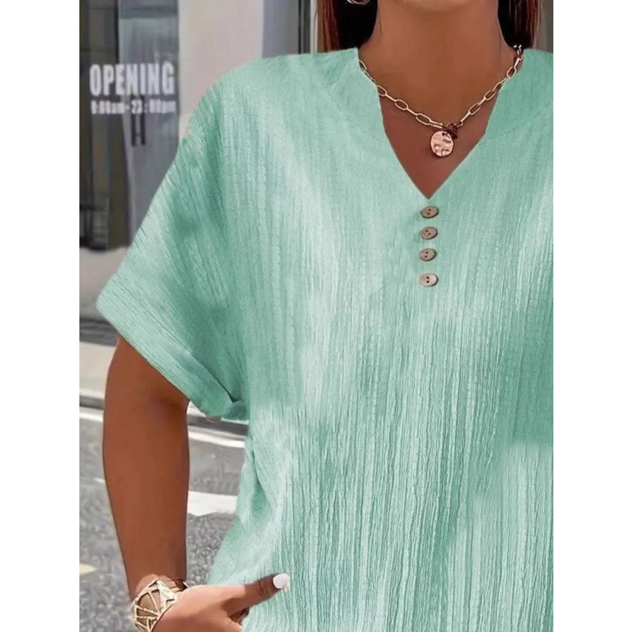 Plus Size Notched Short Sleeve Textured Top Apparel and Accessories