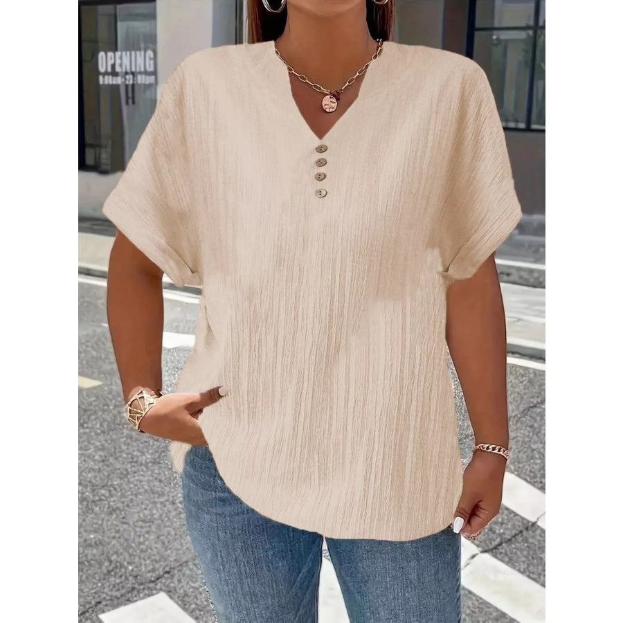 Plus Size Notched Short Sleeve Textured Top Apricot / 1XL Apparel and Accessories