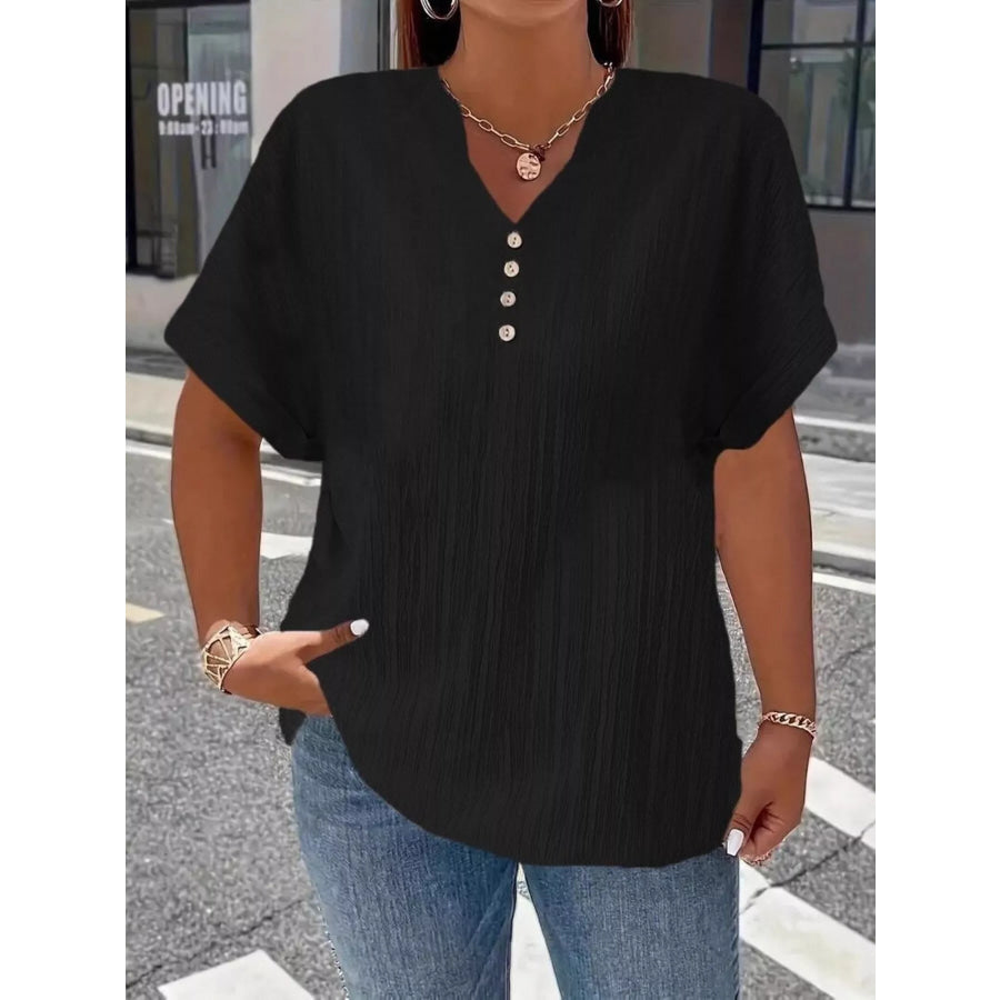 Plus Size Notched Short Sleeve Textured Top Black / 1XL Apparel and Accessories