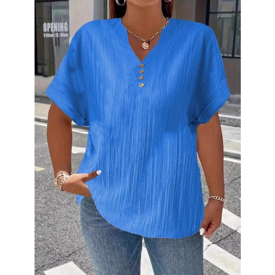 Plus Size Notched Short Sleeve Textured Top Blue / 1XL Apparel and Accessories