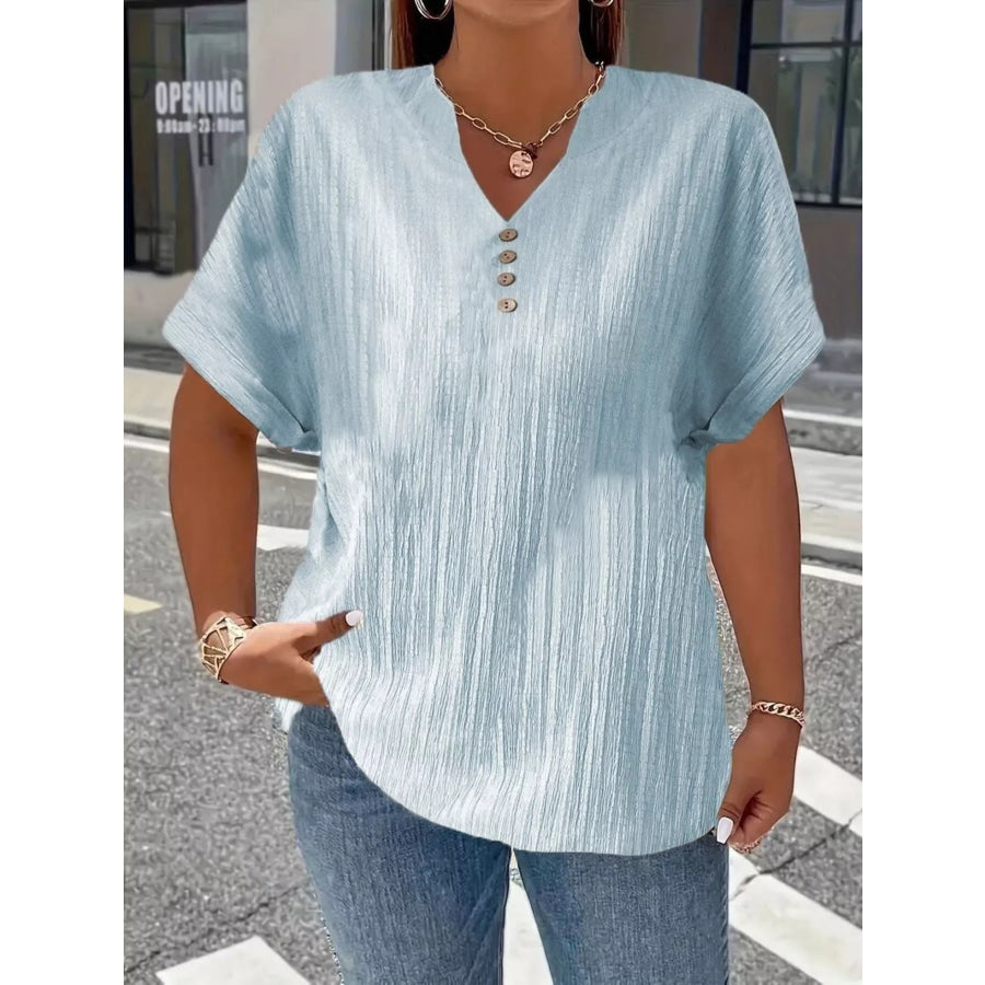 Plus Size Notched Short Sleeve Textured Top Light Blue / 1XL Apparel and Accessories