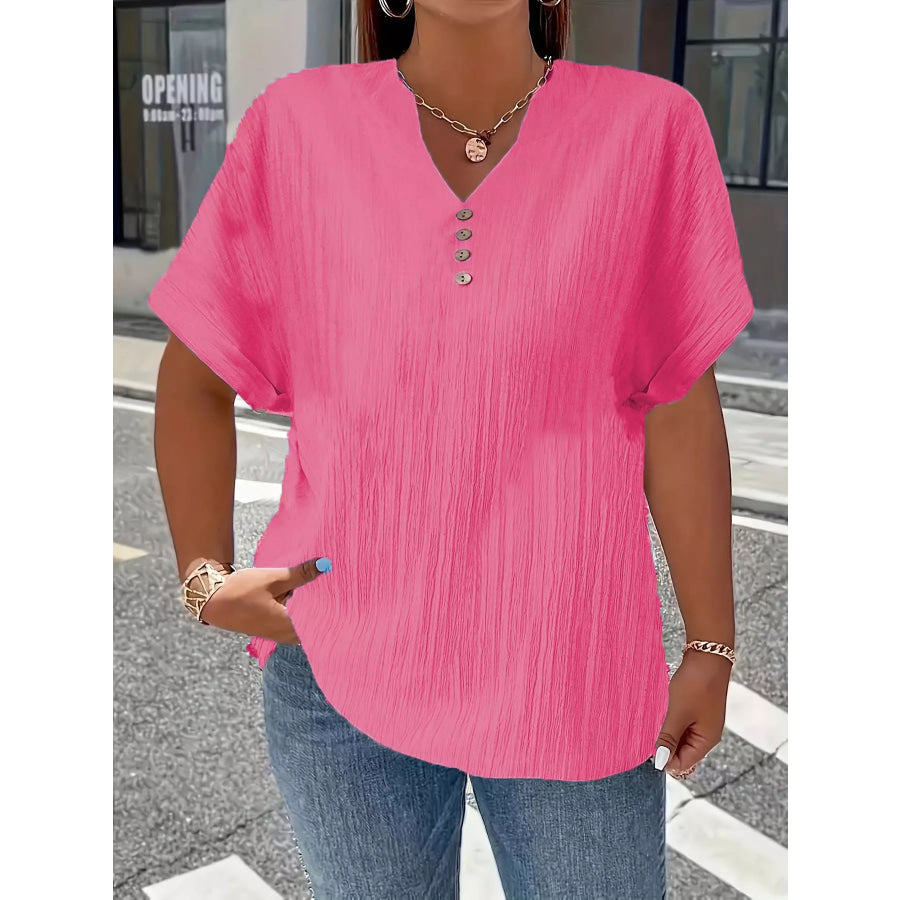 Plus Size Notched Short Sleeve Textured Top Rose Red / 1XL Apparel and Accessories