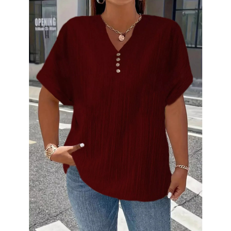 Plus Size Notched Short Sleeve Textured Top Wine Red / 1XL Apparel and Accessories