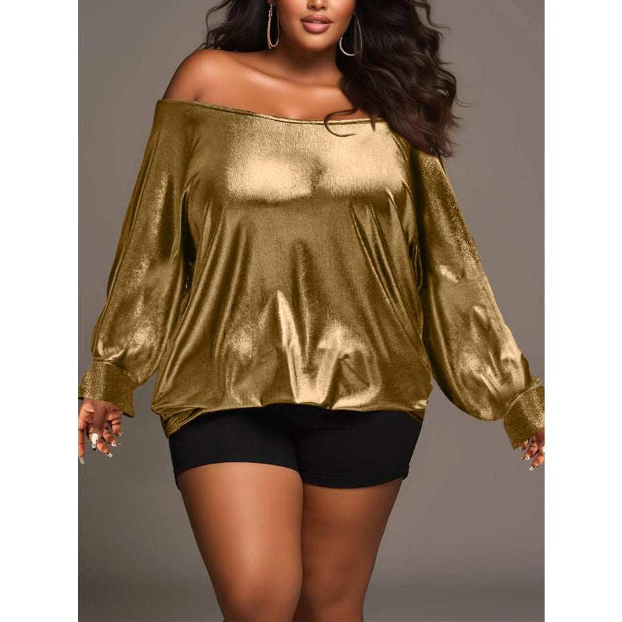 Plus Size Off-Shoulder Long Sleeve Blouse Gold / 1XL Apparel and Accessories