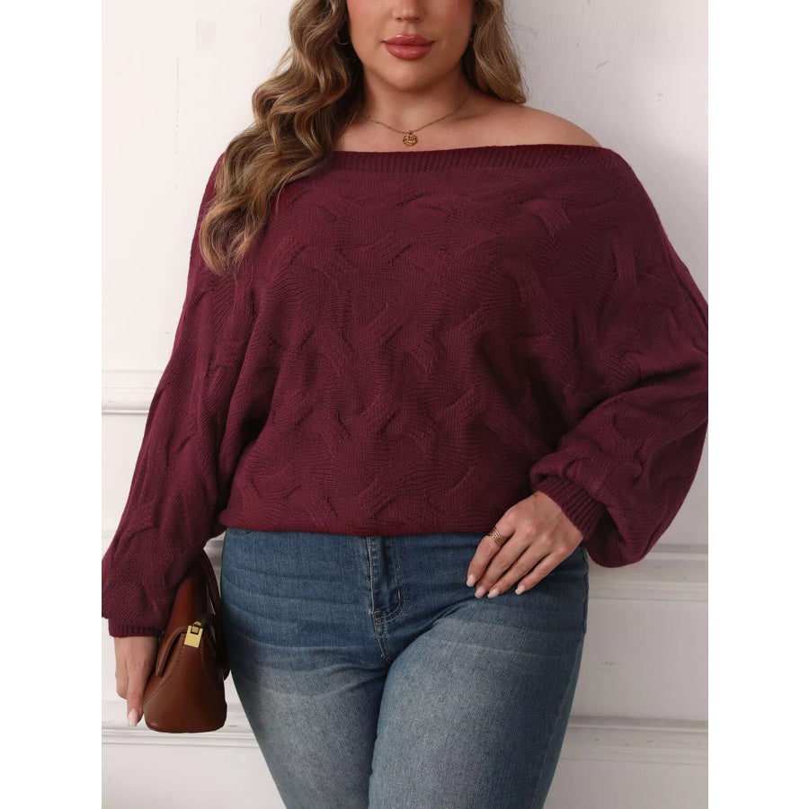 Plus Size Off-Shoulder Long Sleeve Sweater Burgundy / L Apparel and Accessories
