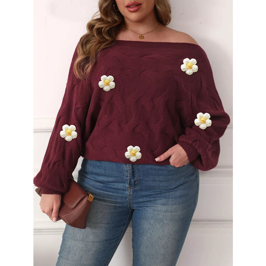 Plus Size One-Shoulder Floral Applique Sweater Apparel and Accessories