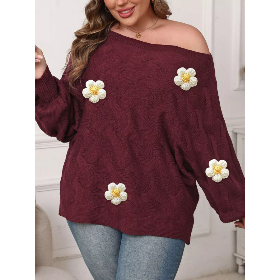 Plus Size One-Shoulder Floral Applique Sweater Apparel and Accessories