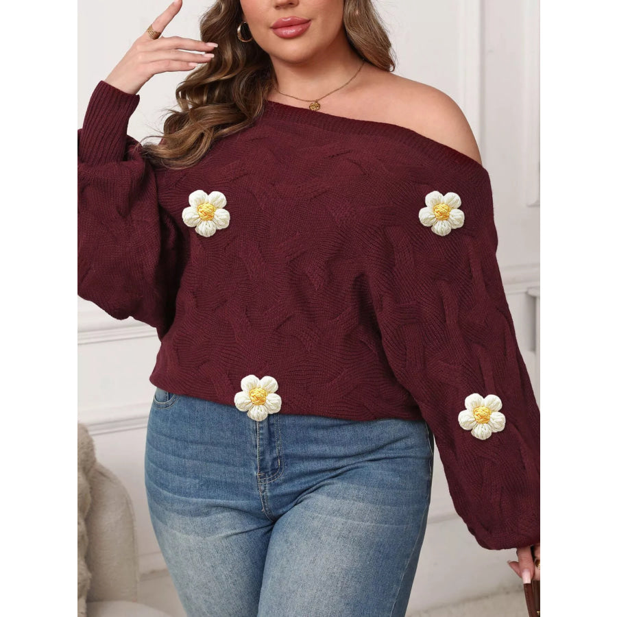 Plus Size One-Shoulder Floral Applique Sweater Apparel and Accessories