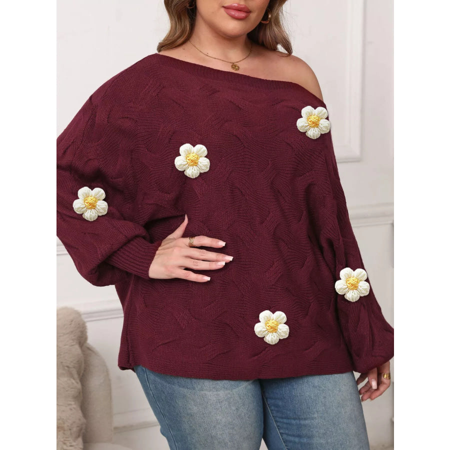 Plus Size One-Shoulder Floral Applique Sweater Apparel and Accessories