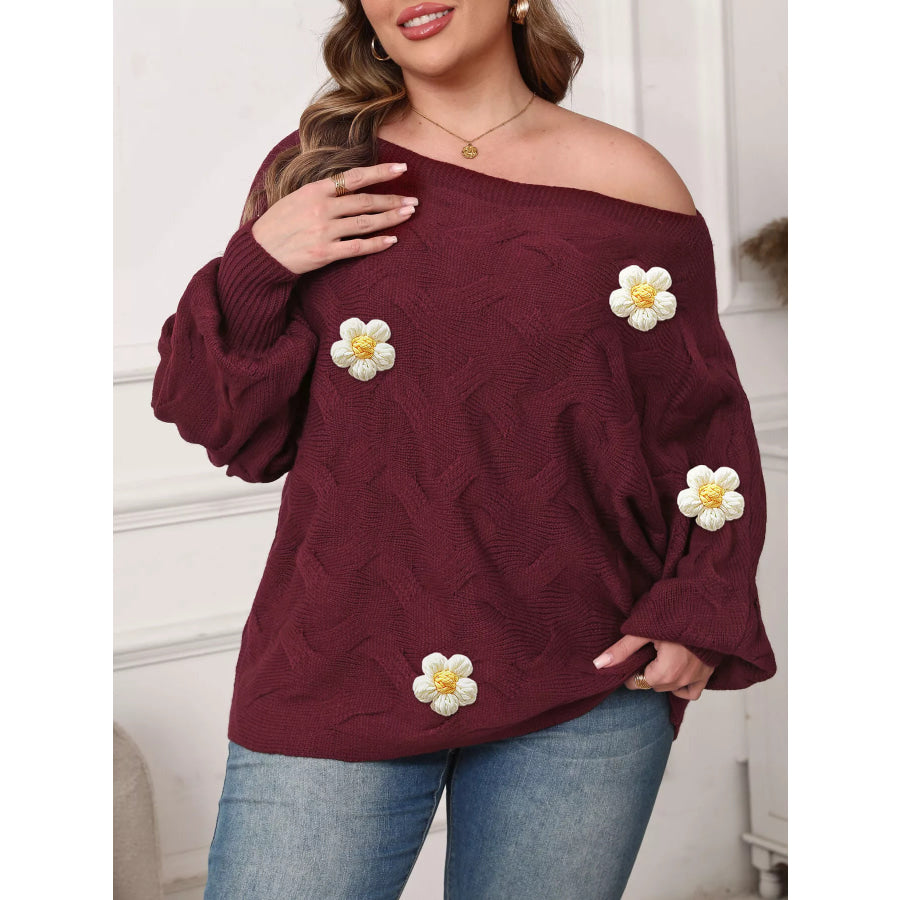 Plus Size One-Shoulder Floral Applique Sweater Wine Red / L Apparel and Accessories