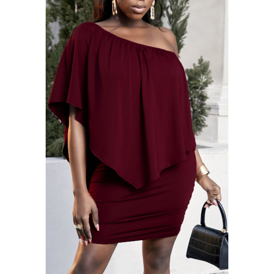 Plus Size One - Shoulder Half Sleeve Mini Dress Wine / XL Apparel and Accessories