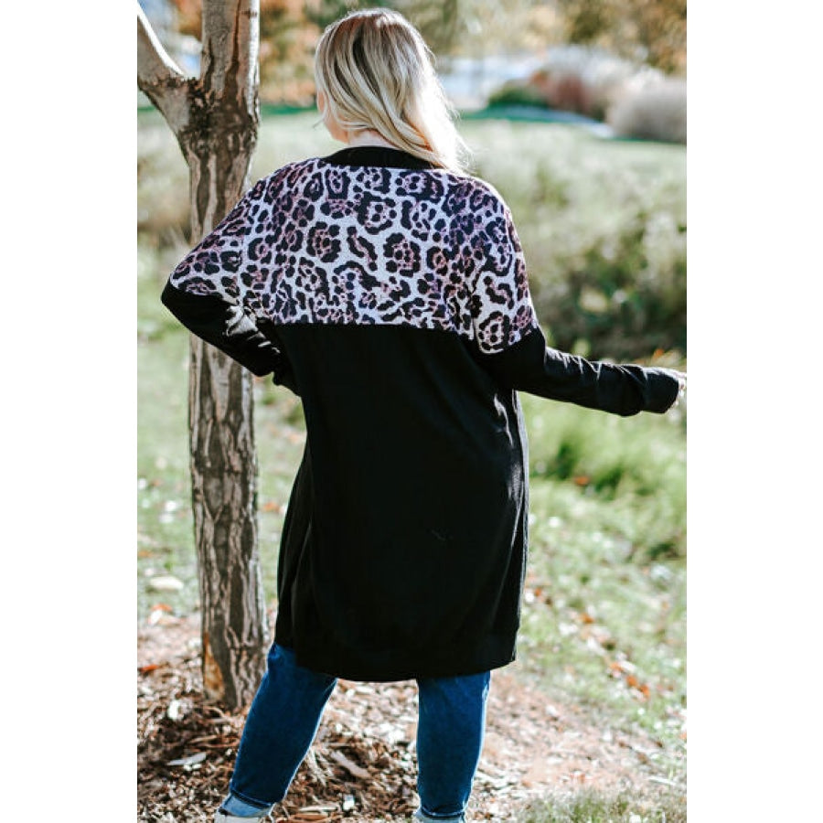 Plus Size Open Front Dropped Shoulder Cardigan Leopard / 1X Apparel and Accessories