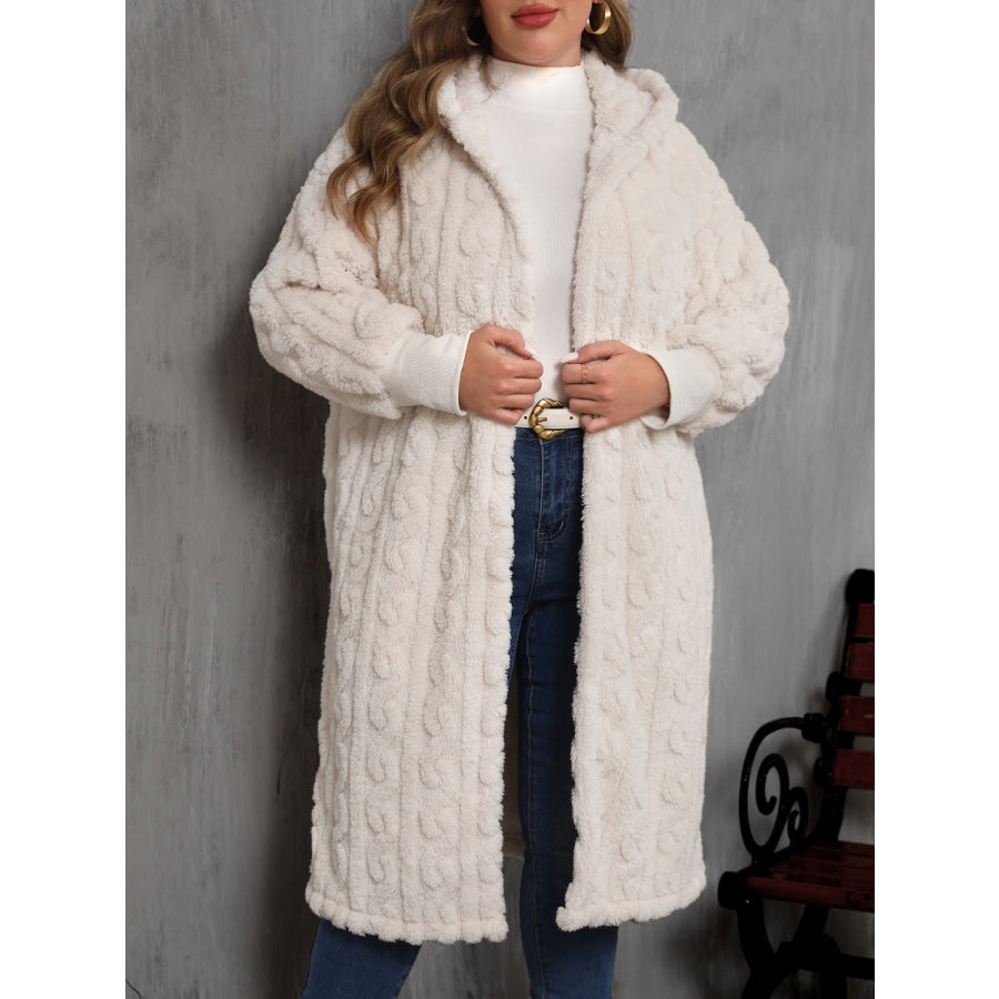 Plus Size Open Front Hooded Plush Coat Eggshell / 0XL Apparel and Accessories