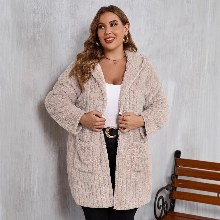 Plus Size Open Front Long Sleeve Hooded Fuzzy Jacket Dust Storm / 0XL Apparel and Accessories