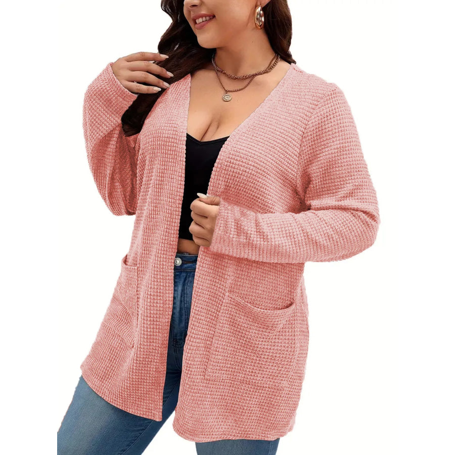 Plus Size Open Front Long Sleeve Knit Cardigan Pink / 1XL Apparel and Accessories