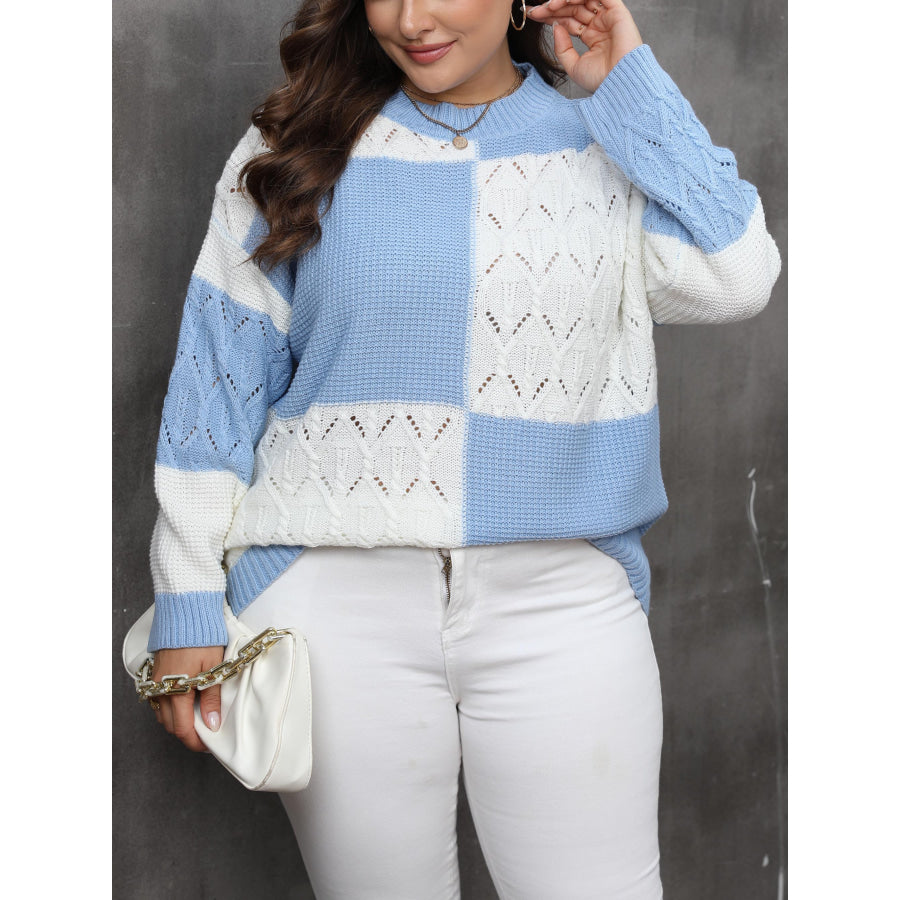 Plus Size Openwork Color Block Long Sleeve Sweater Apparel and Accessories