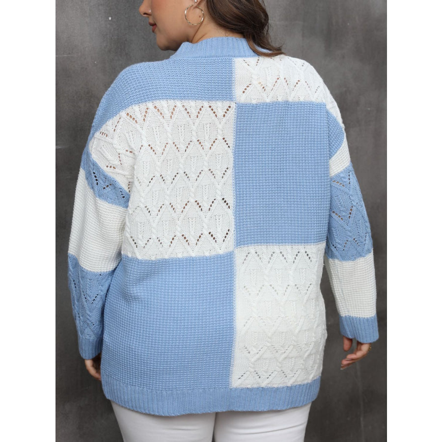 Plus Size Openwork Color Block Long Sleeve Sweater Light Blue / 0XL Apparel and Accessories