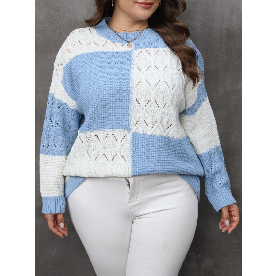 Plus Size Openwork Color Block Long Sleeve Sweater Apparel and Accessories